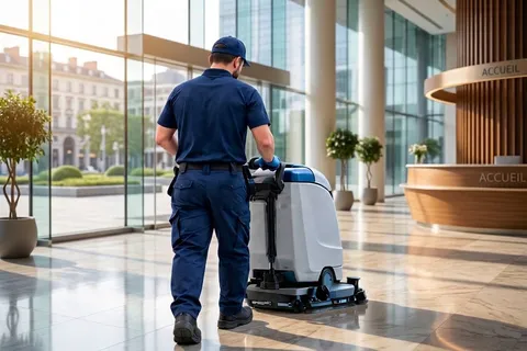 Agent Jet Clean passant une autolaveuse dans un grand hall