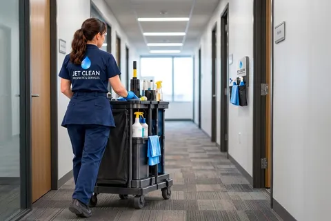 Agent Jet Clean avec son chariot d'entretien dans un couloir de bureaux