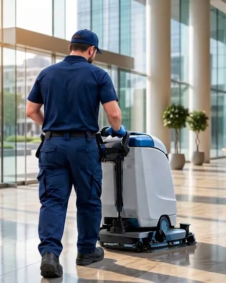 Intervenant Jet Clean passant une autolaveuse dans le hall d'accueil d'un immeuble de bureaux