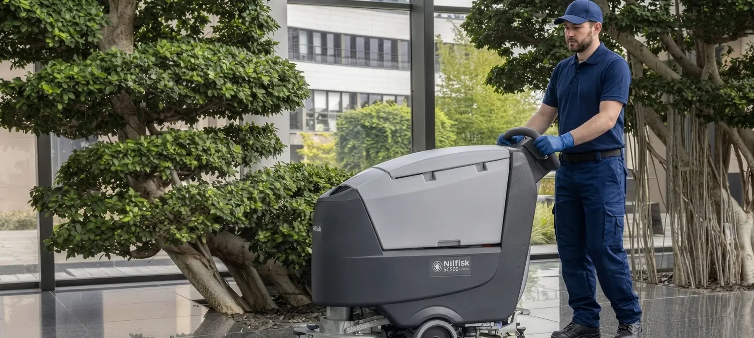 Intervenant Jet Clean passant une autolaveuse dans le hall d'un immeuble de bureaux